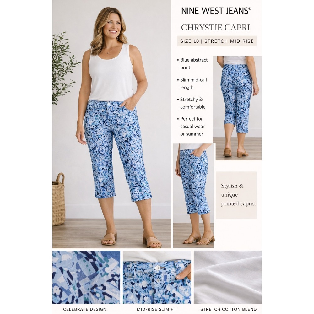 Nine West Women's Chrystie Capri Pants 10 Blue Soft Twill Stretch Relaxed Leg